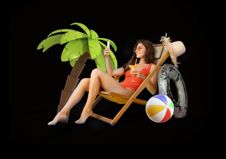 chica en hamaca playa y palmera con pelota hinchable